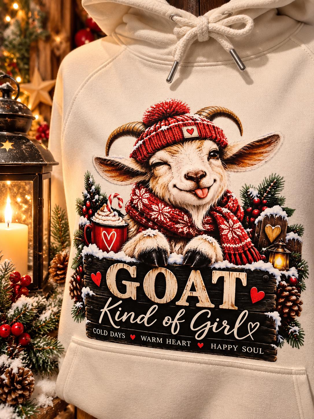 Close-up of cream GOAT Kind of Girl Christmas hoodie displayed on a standing mannequin, showcasing a winking goat in a red festive hat and scarf with “Cold Days, Warm Heart, Happy Soul” lettering, against a cosy Christmas background with warm glowing lights.