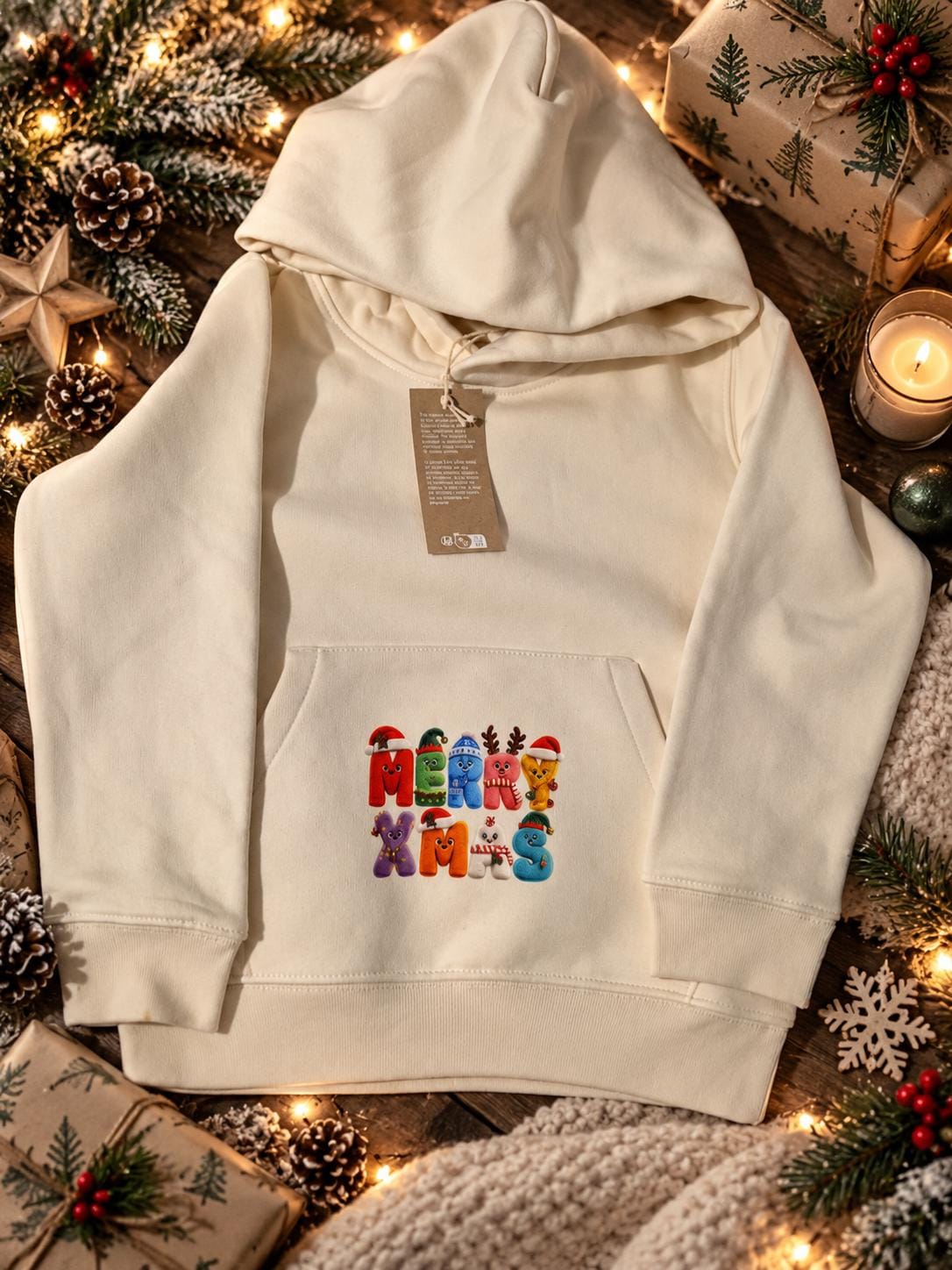 Front view of cream children's Christmas hoodie, ages 4–6, featuring a colourful MERRY XMAS festive character print on the front kangaroo pouch, with a cosy hood and premium 350 GSM fabric.