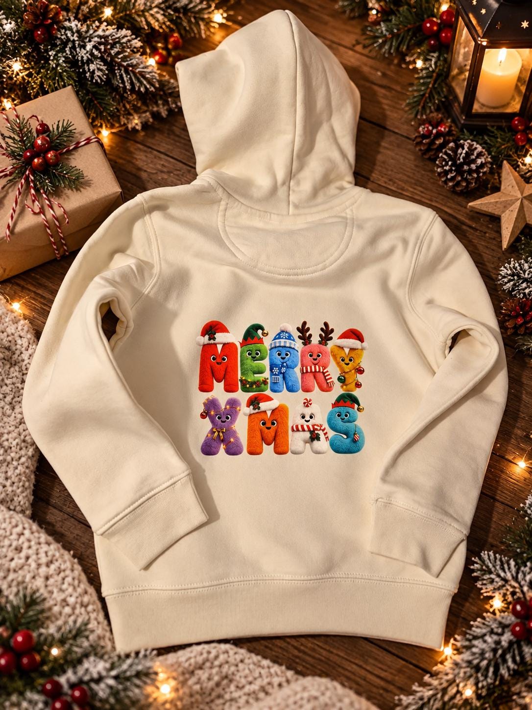 Back view of festive cream children's Christmas hoodie, ages 4–6, featuring a large, colourful MERRY XMAS design with cheerful festive character letters, made from premium 350 GSM organic cotton blend fabric.