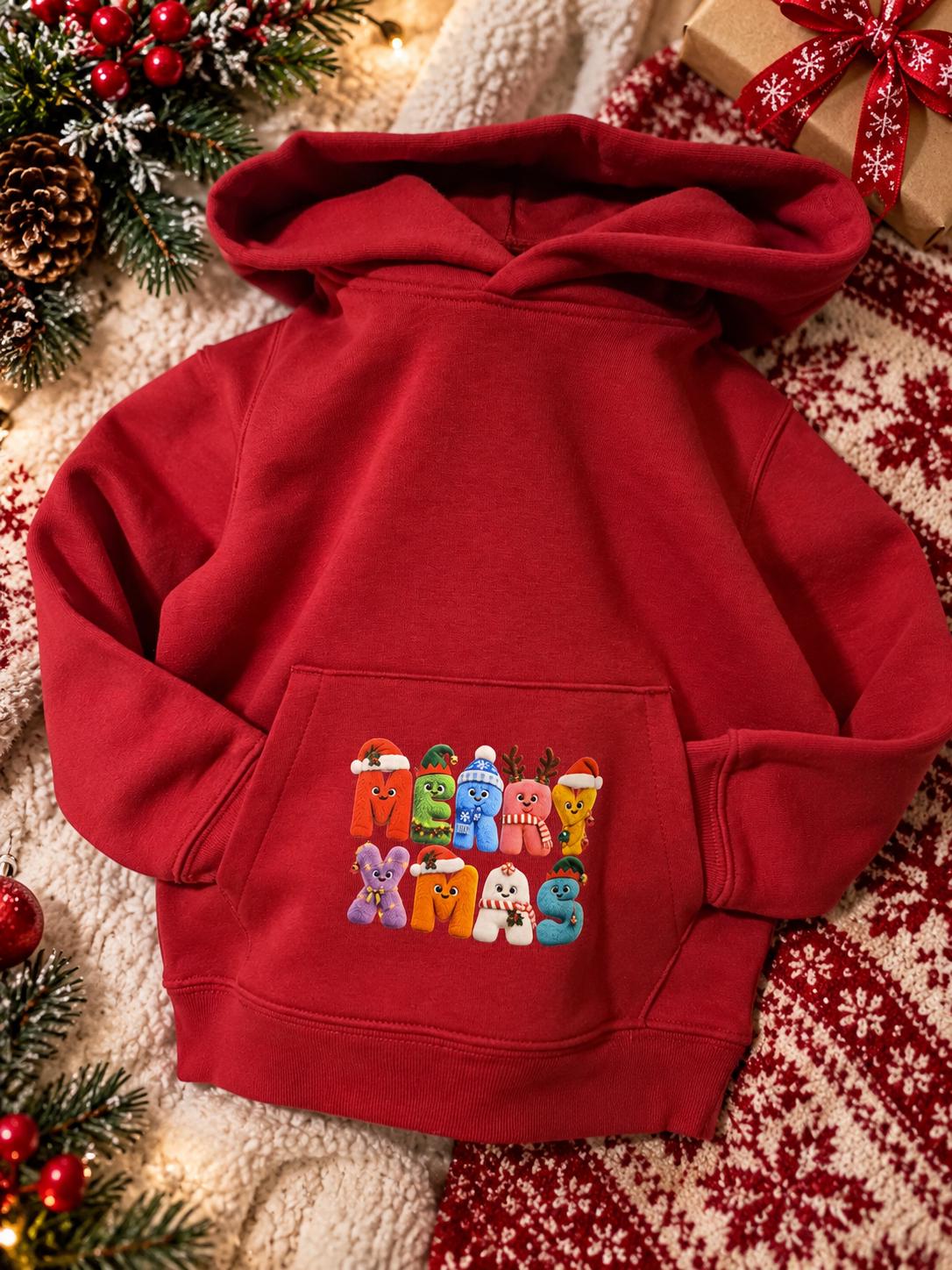 Front view of red children's Christmas hoodie, ages 4–6, featuring a colourful MERRY XMAS festive character print on the front kangaroo pouch, with a cosy hood and premium 350 GSM fabric.